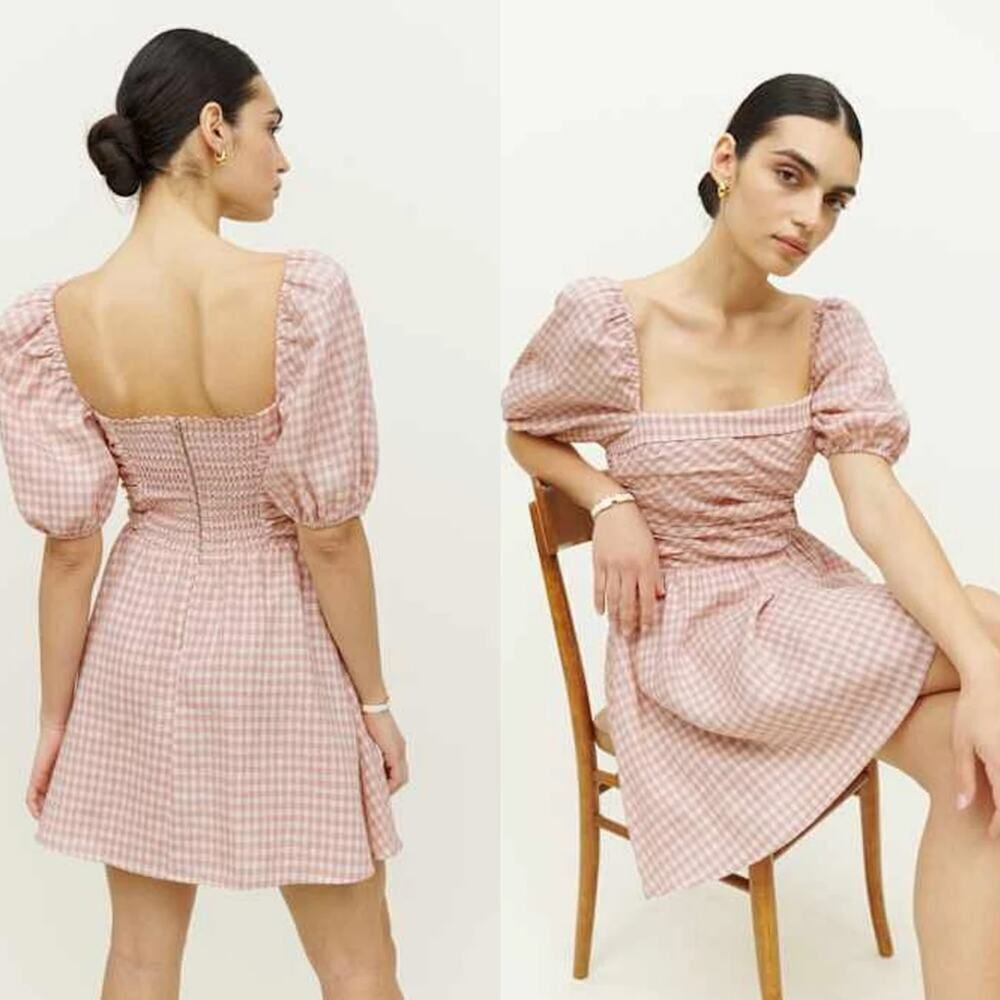 Reformation Zula Linen Dress pink check size US10